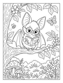 A cute bat coloring page showing a little bat with glasses reading a book on a tree branch.