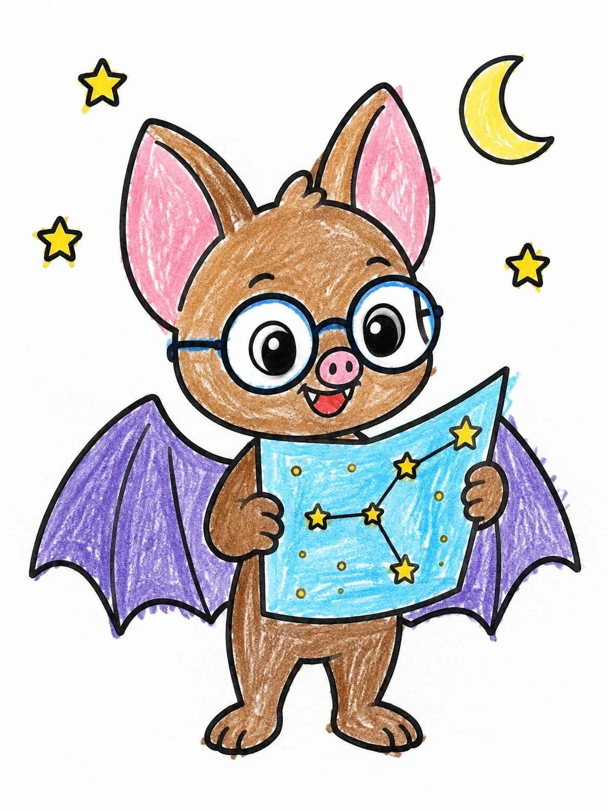 Colored example of the Cute Bat Reading Star Map coloring page