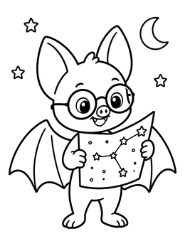 A cute cartoon bat coloring page featuring glasses and a constellation map under the stars.