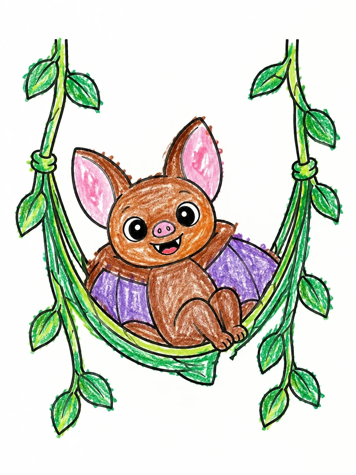 Colored example of the Cute Bat In Vine Swing coloring page