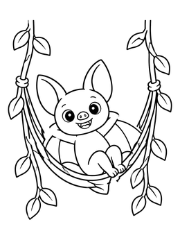 A cute cartoon bat coloring page sitting happily inside a leafy vine hammock.