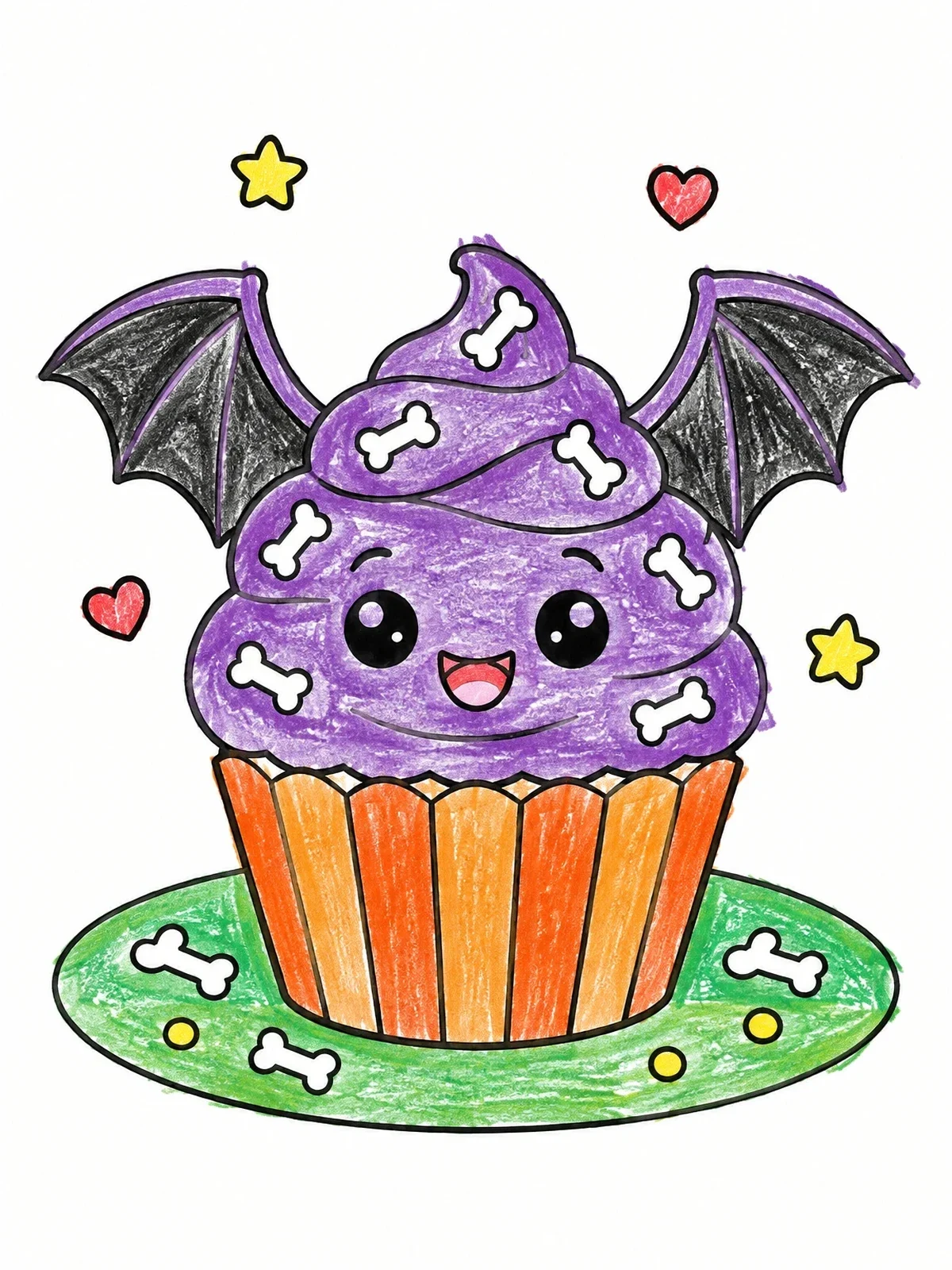 Colored example of the Cute Bat Wing Halloween Cupcake coloring page