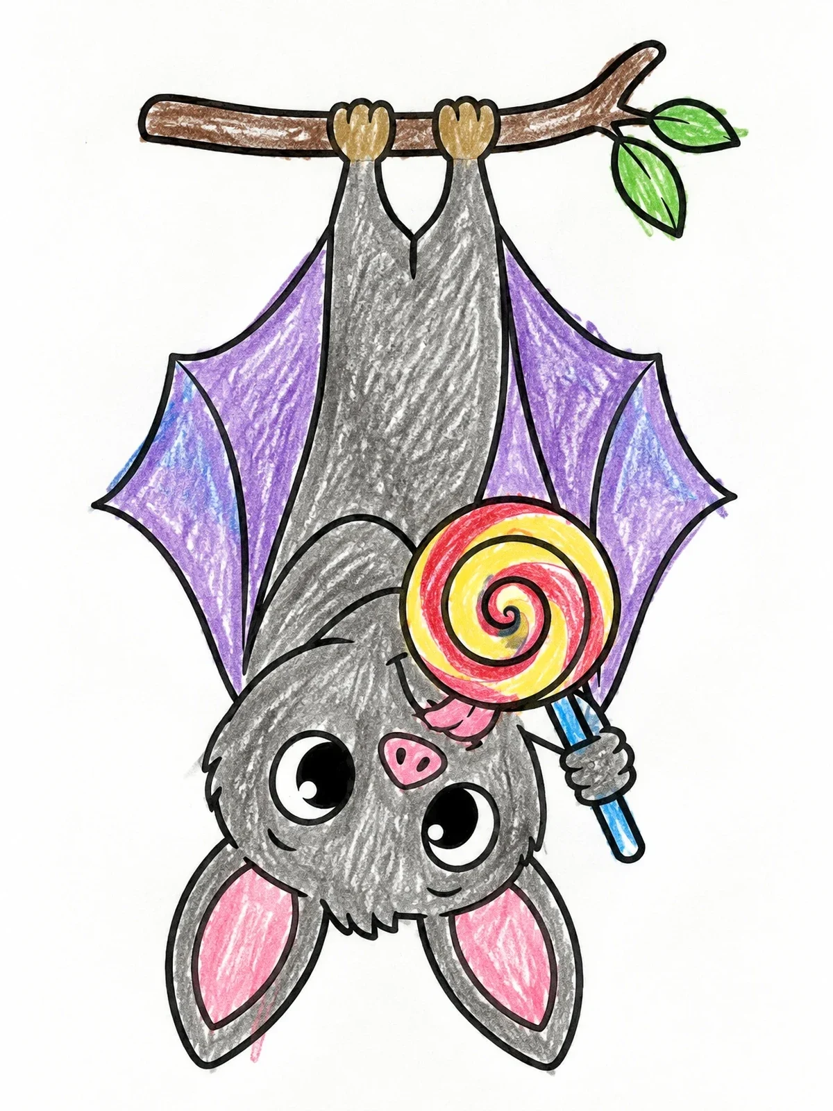 Colored example of the Cute Bat With Swirl Lollipop coloring page