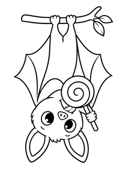 A cute cartoon bat coloring page hanging upside down and holding a sweet swirl lollipop.