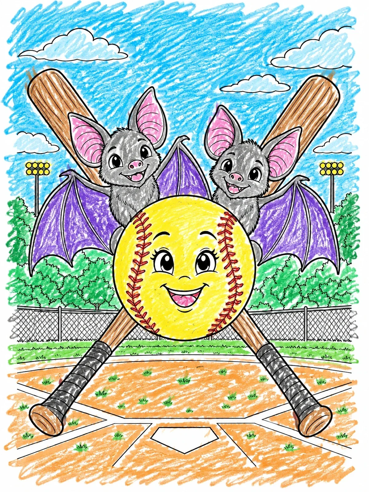 Colored example of the Cute Bats And Softball On Field coloring page