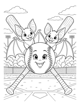 Cartoon bats with wings on crossed bats and a smiling ball on this softball coloring page.