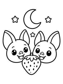 A sweet bat coloring page featuring two cute bats sharing a strawberry under the night moon.