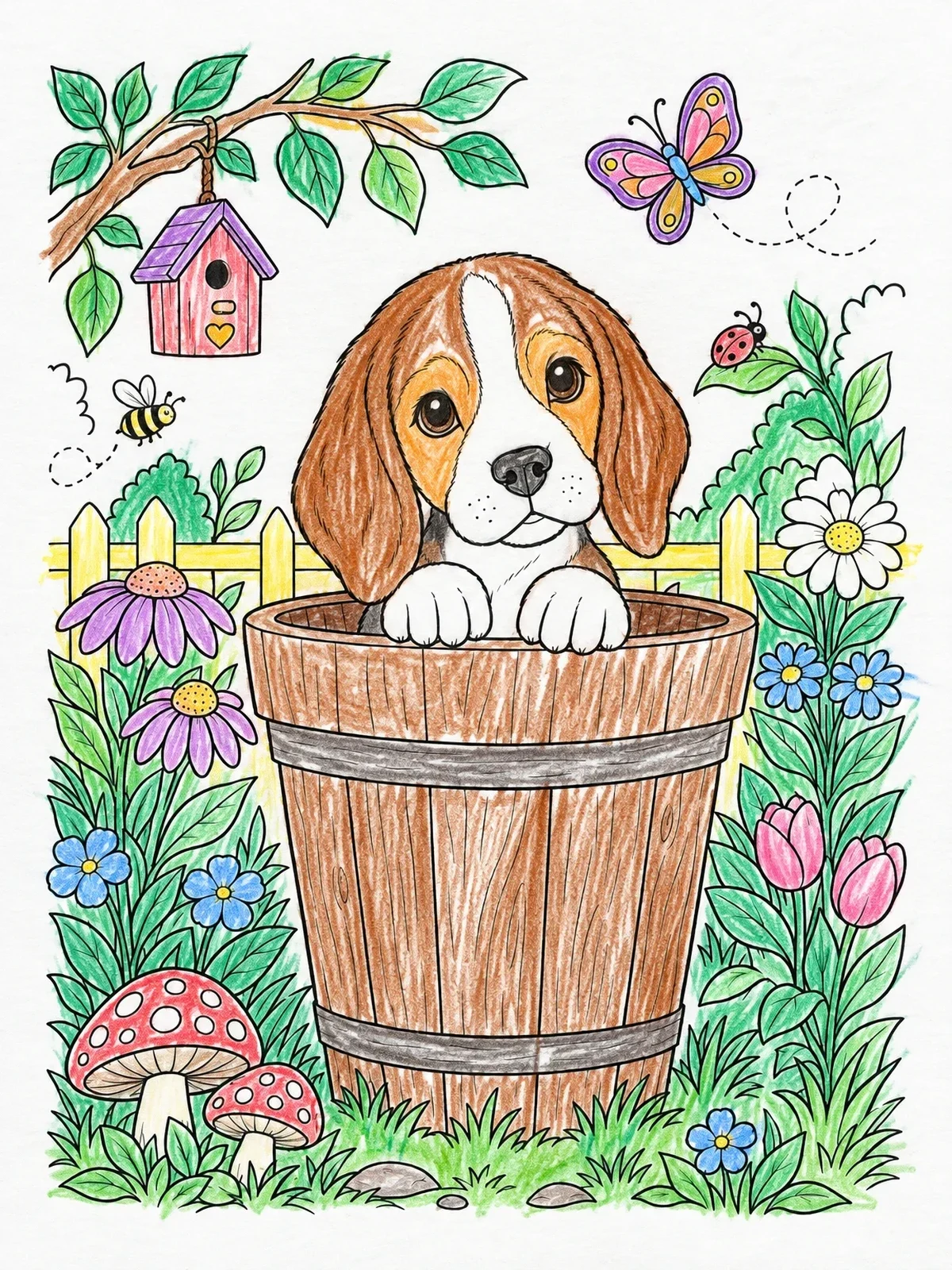 Colored example of the Beagle Puppy In A Garden Bucket coloring page
