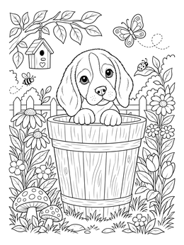 A cute beagle coloring page showing a puppy sitting inside a wooden flower pot in a garden.