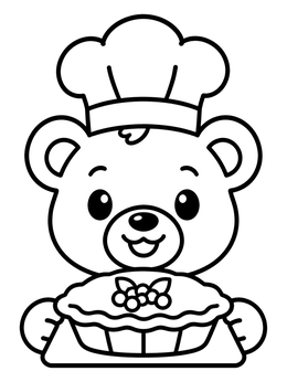 A sweet bear coloring page with a little chef holding a fresh berry pie.