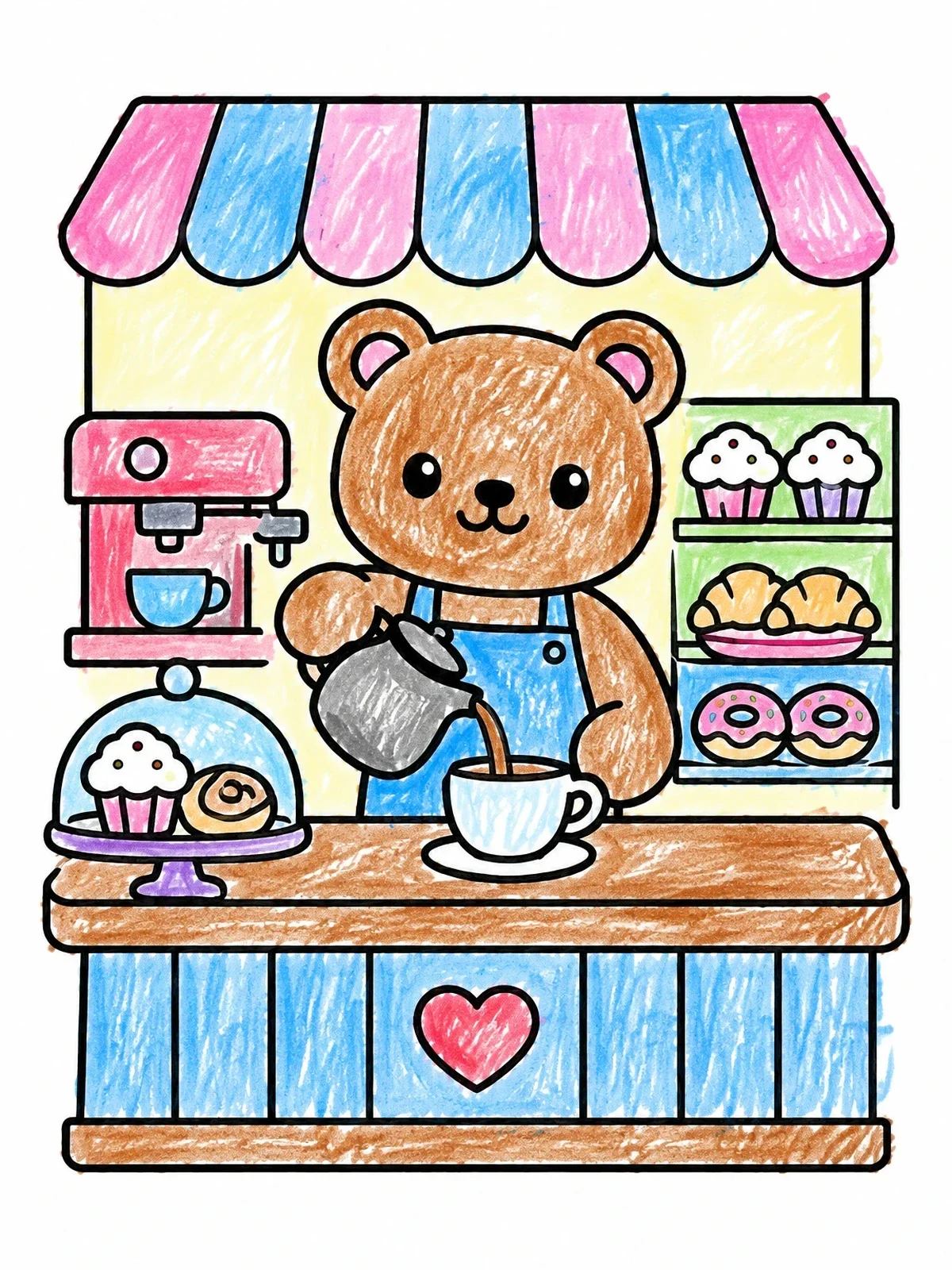 Colored example of the Cute Bear Barista In Cafe coloring page