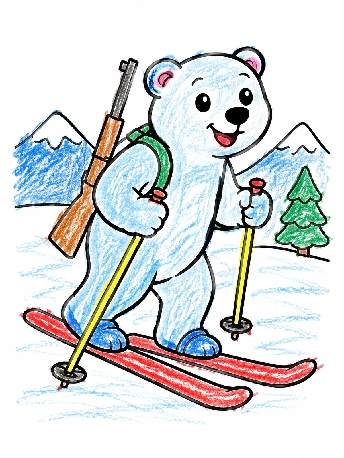 Colored example of the Cute Bear On Biathlon Skis coloring page