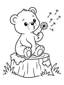 Free printable Cute Bear Blowing Dandelion Seeds coloring page