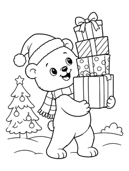 Free printable Cute Bear Carrying Christmas Gifts coloring page