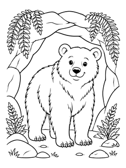 A friendly bear coloring page standing near a rocky cave surrounded by ferns.