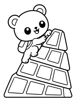 A cheerful cartoon bear climbing up giant stacked chocolate bars in this cute bear coloring page.