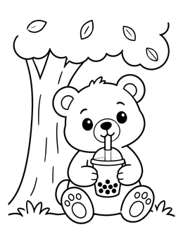 A cute bear cub under a tree on this sweet boba coloring page.