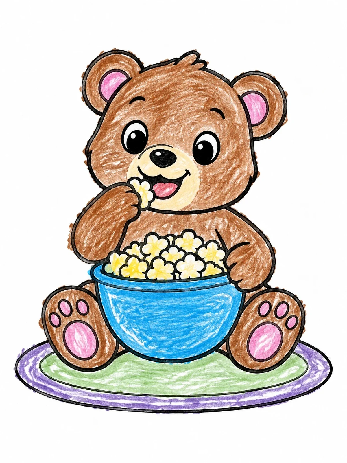 Colored example of the Cute Bear Cub Eating Popcorn coloring page