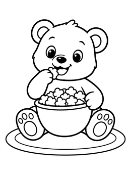 Free printable Cute Bear Cub Eating Popcorn coloring page