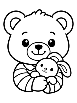 A smiling bear coloring page featuring a cub in pajamas holding a soft toy rabbit.