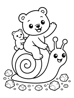 A friendly bear coloring page featuring a smiling cub riding on a snail shell.