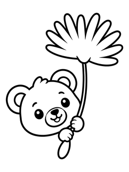 A simple bear coloring page of a tiny cub holding a dandelion seed parachute.