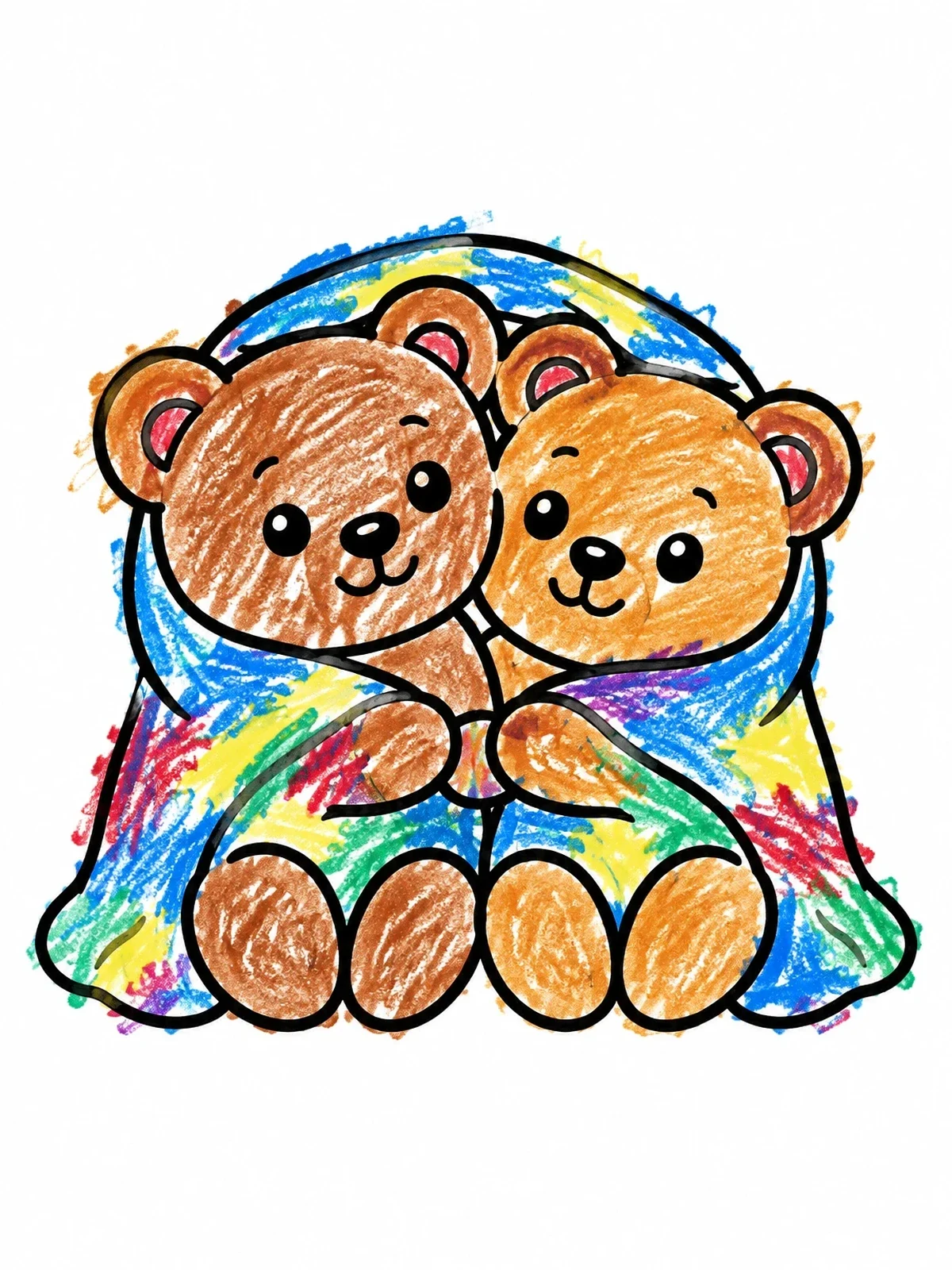 Colored example of the Cute Bear Cubs Sharing A Blanket coloring page