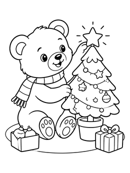A sweet little bear puts a star topper on a potted tree in this christmas bear coloring page.