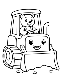 Free printable Cute Bear Driving A Happy Bulldozer coloring page