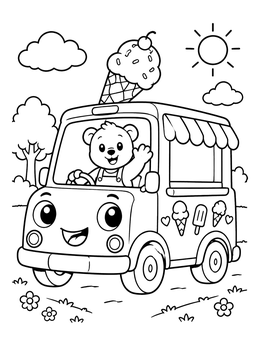 A friendly bear waves from an ice cream truck coloring page with giant cone on top.