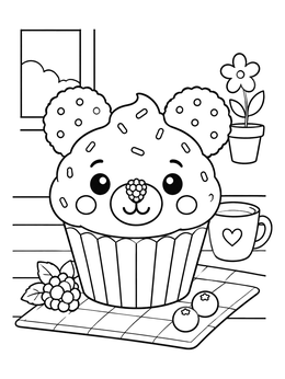 A cute bear cupcake coloring page sitting on a mat with berries and a mug.
