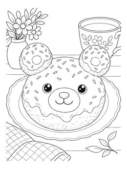 A cute bear-shaped donut coloring page with tea and flowers on a table.