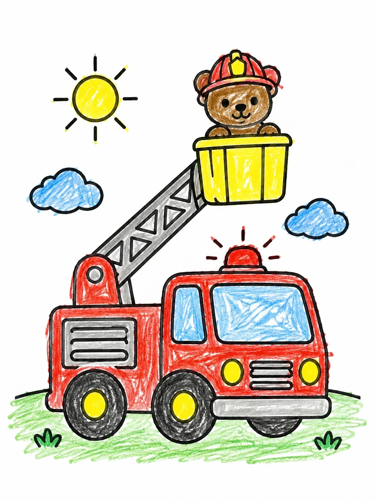 Colored example of the Cute Bear In Fire Truck Basket coloring page