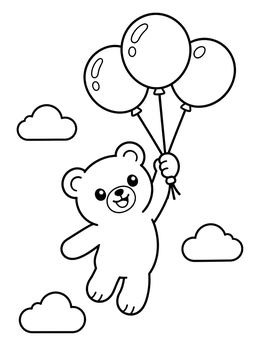 A happy little bear coloring page floating in the sky with three big balloons.