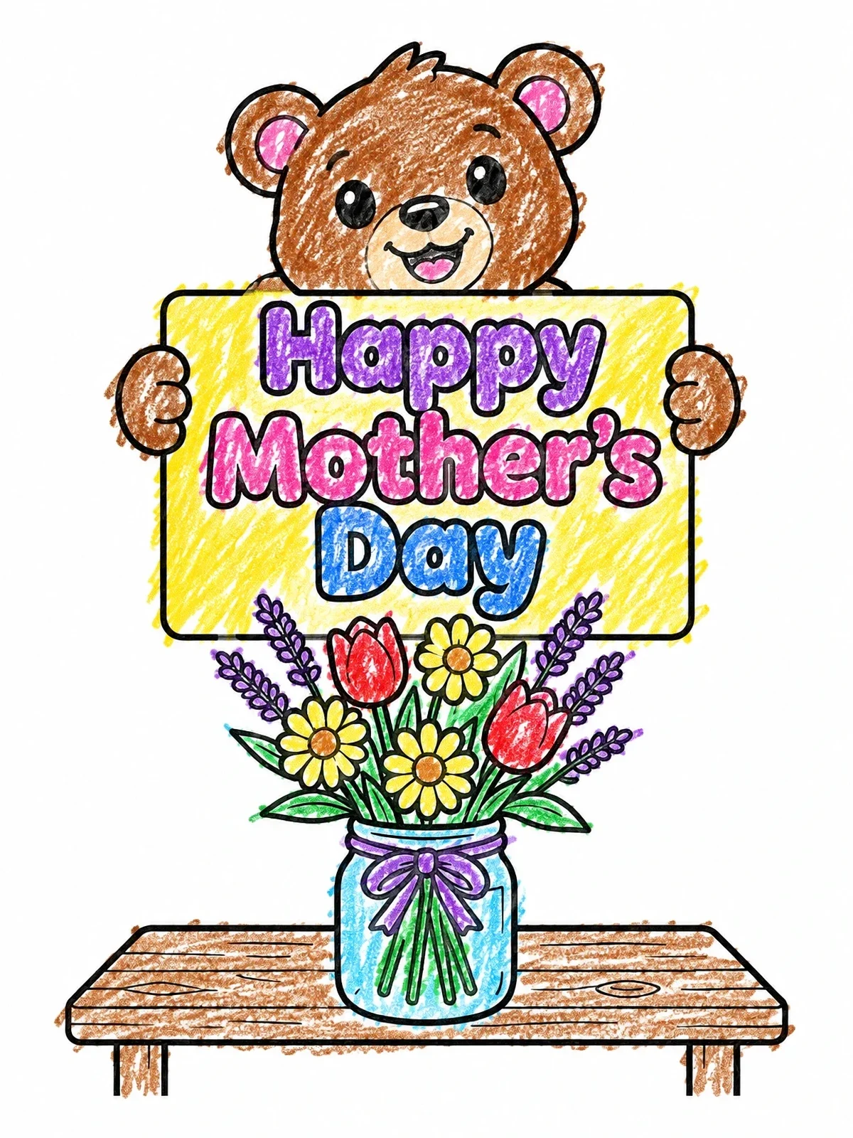 Colored example of the Cute Bear With Mother's Day Sign coloring page
