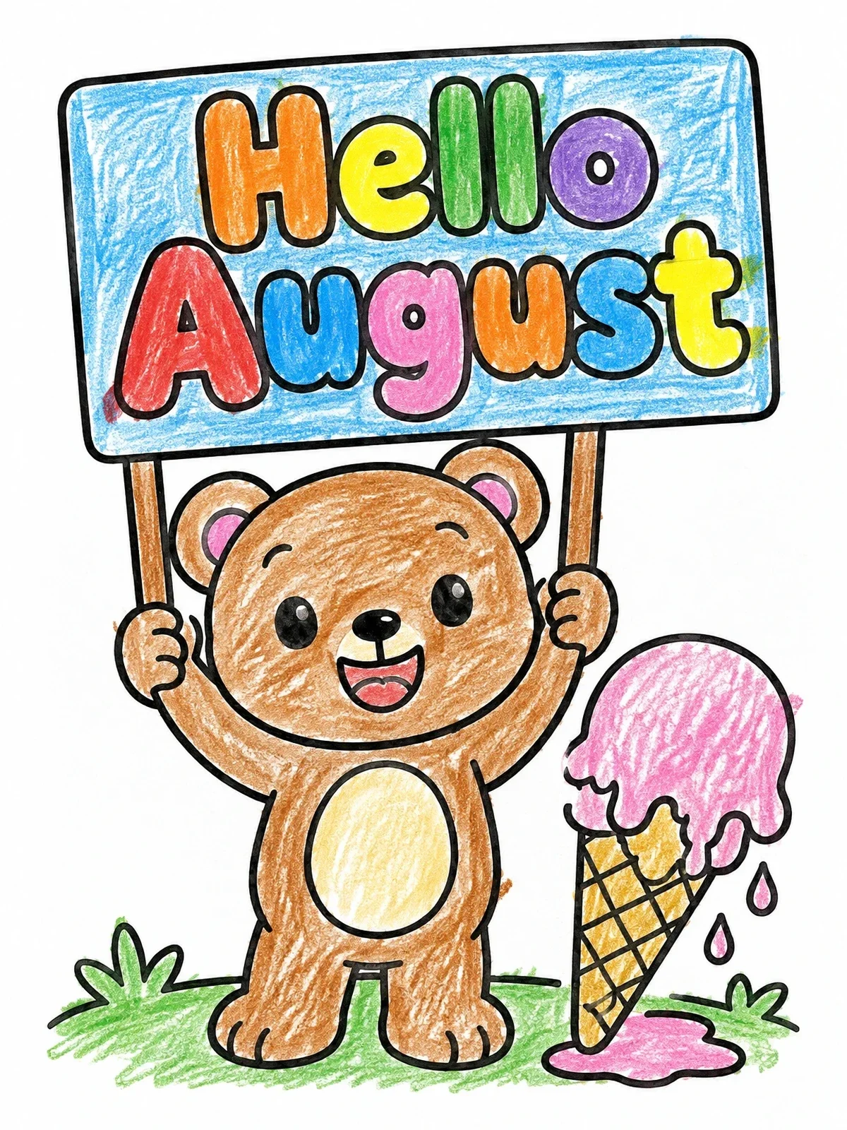 Colored example of the Cute Bear Holding Hello August Sign coloring page