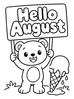 Free printable Cute Bear Holding Hello August Sign coloring page