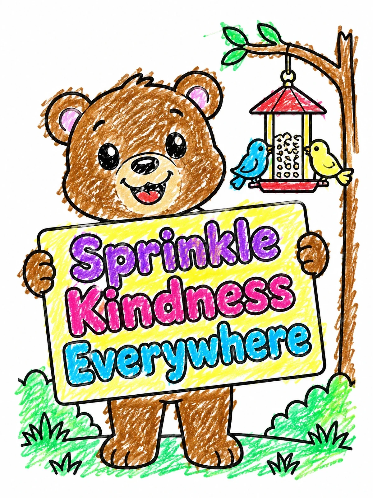 Colored example of the Cute Bear Holding Kindness Sign coloring page