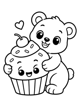 A cute bear cub hugging a sweet treat on this cupcake coloring page.
