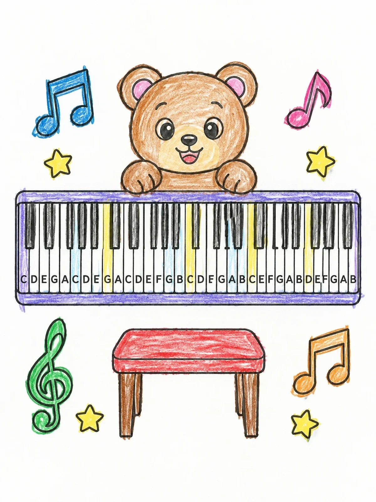 Colored example of the Cute Bear At Keyboard With Stool coloring page