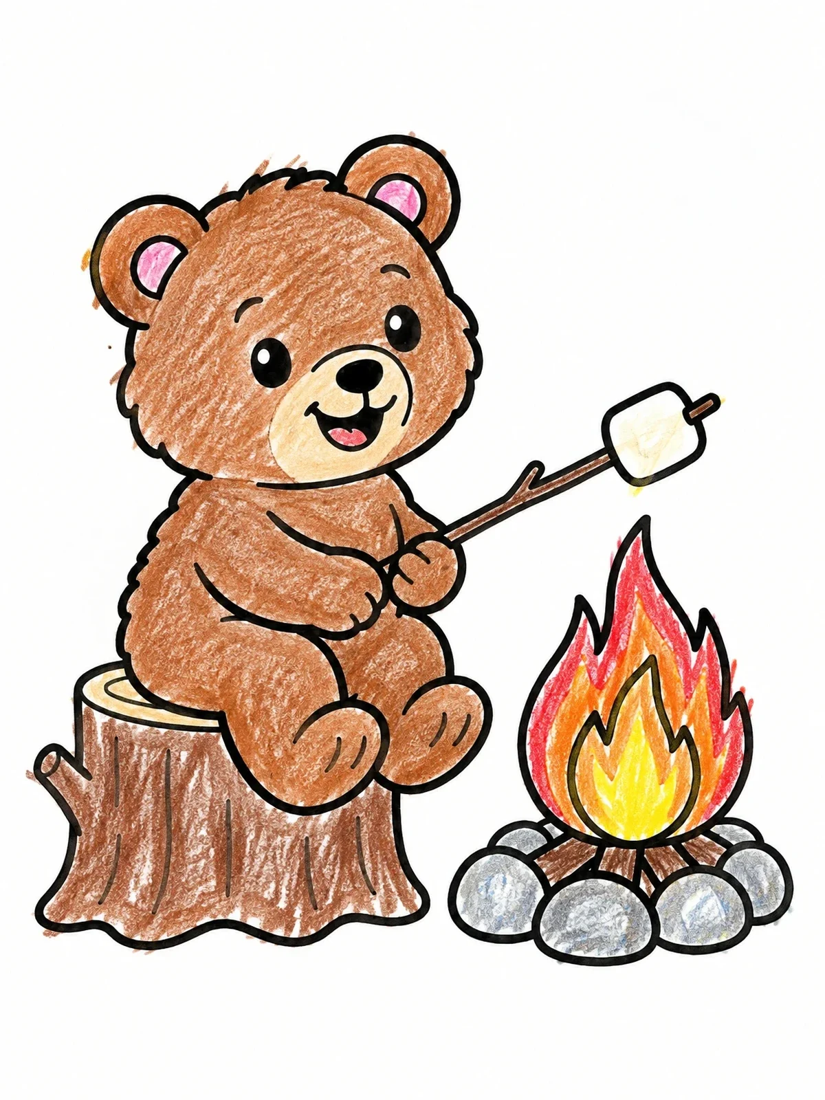 Colored example of the Cute Bear Roasting A Marshmallow coloring page