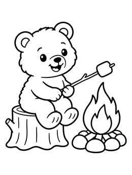 Free printable Cute Bear Roasting A Marshmallow coloring page