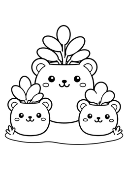 Trio of bear shaped succulent pots in this plant coloring page.
