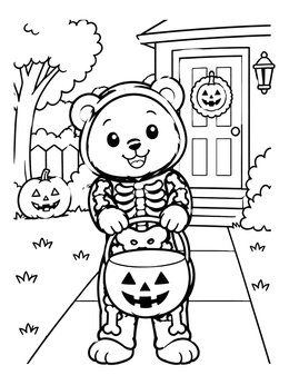 A cute bear dressed as a skeleton stands outside on this trick or treat coloring page.