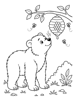 A sweet bear coloring page with a bear cub sniffing a dripping beehive hanging from a branch.