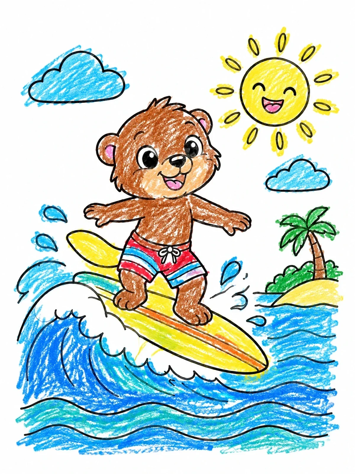 Colored example of the Cute Bear Surfing On Ocean Wave coloring page