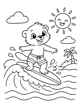 Free printable Cute Bear Surfing On Ocean Wave coloring page