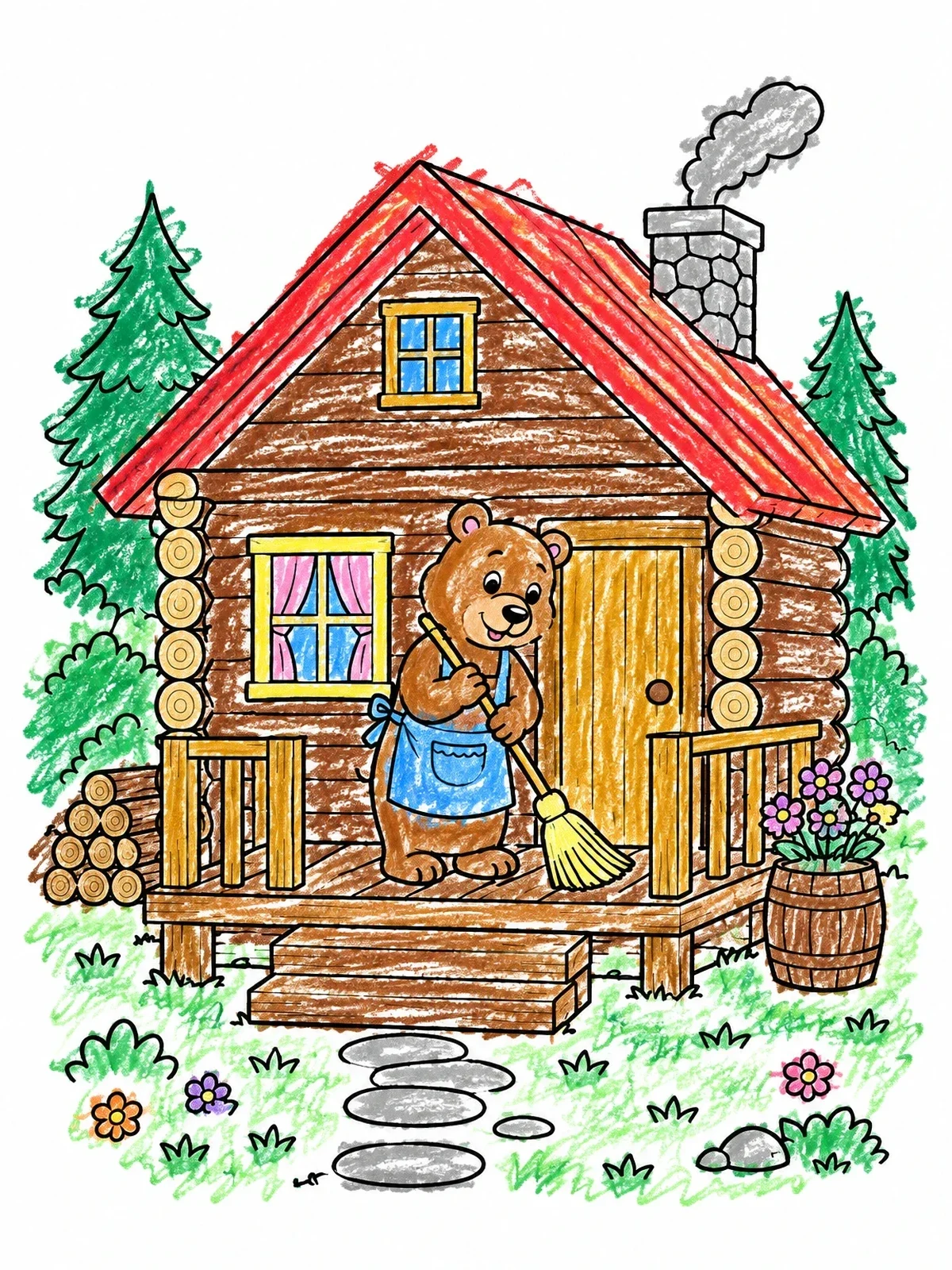 Colored example of the Cute Bear Sweeping Cabin Porch coloring page