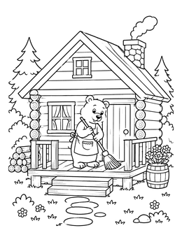 Free printable Cute Bear Sweeping Cabin Porch coloring page