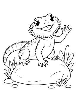 Free printable Cute Bearded Dragon Waving On Rock coloring page